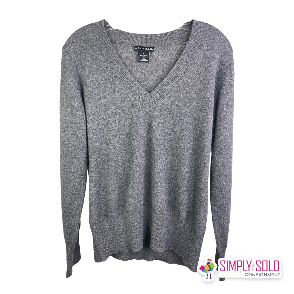 Sofia Cashmere Women's Sweater V-Neck Long Sleeve Pullover Gray Cashmere Sz L‎